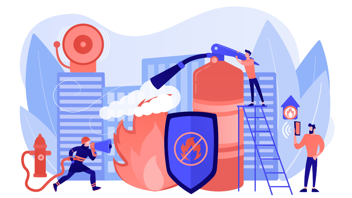 firefighter extinguishing flame character. rescuer dangerous job. fire protection